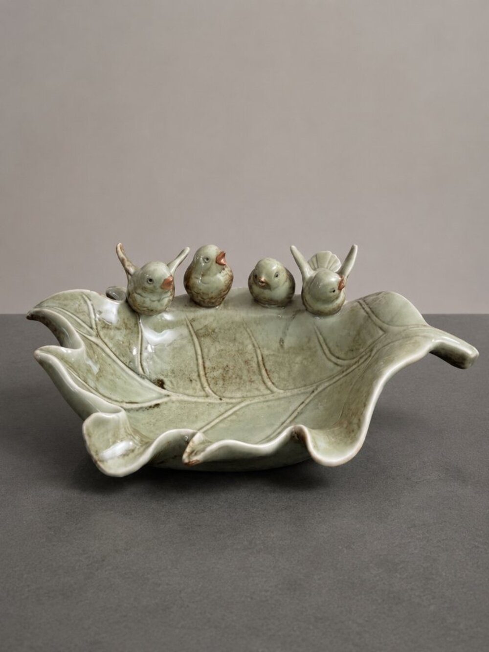 Vintage Green Ceramic Leaf Dish Bowl with 4 Birds Majolica Style Catchall Boho
